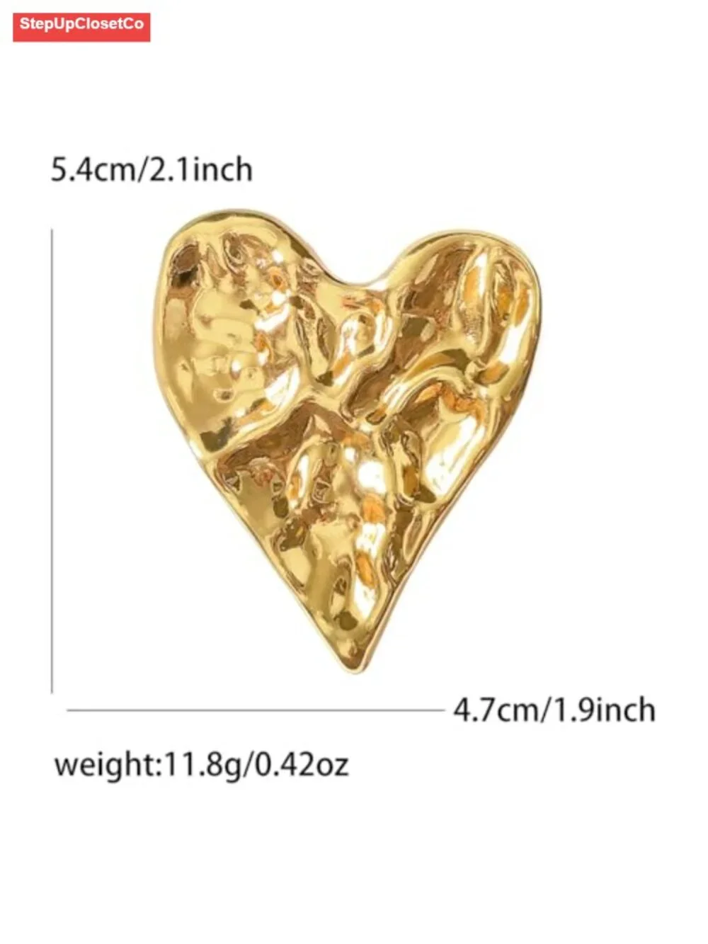 Irregular Hammered Chunky Heart Brooch Pin for Women, Lustrous Gold Finish